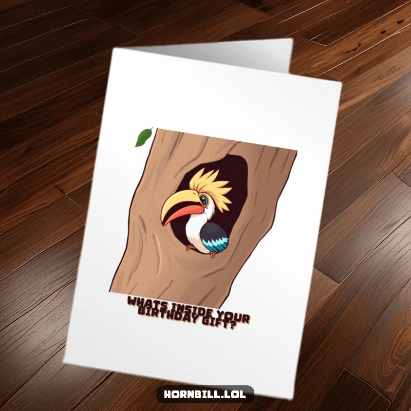 Funny Free Printable Birthday Card: A curious hornbill intently peeking into the dark opening of a hollow tree.