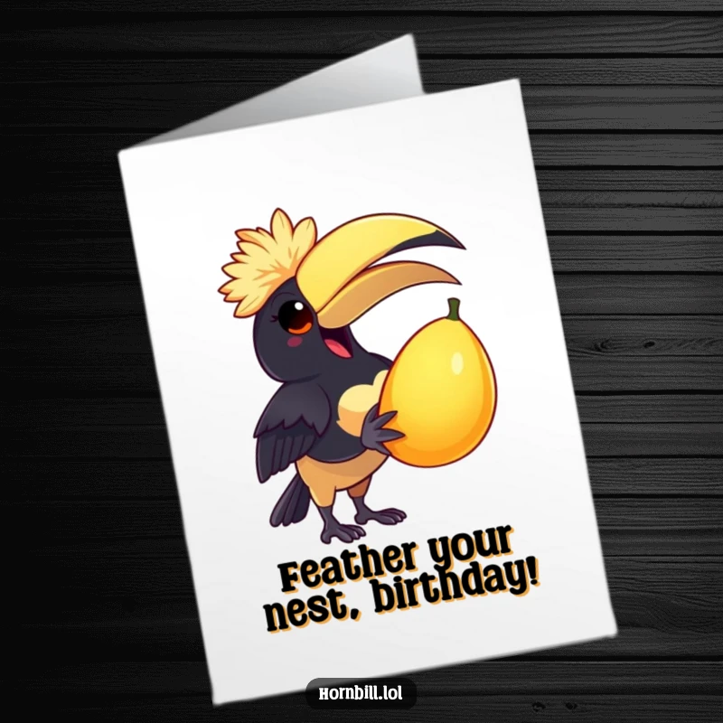 Funny Free Printable Birthday Card: A delighted hornbill wearing a small feathered cap, holding a big juicy fruit.
