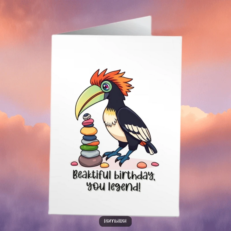 Funny Free Printable Birthday Card featuring a playful hornbill struggling to balance colorful pebbles on its beak, a whimsical and delightful scene.