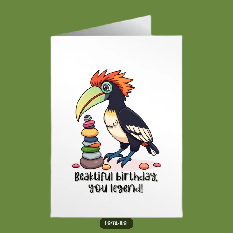 Free Printable Birthday Card: Funny Hornbill Pebble Balance - Downloadable Joyful Gift