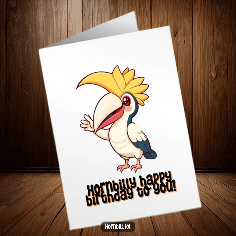 Funny Free Printable Birthday Card: Happy hornbill with large casque tipping down in a friendly, joyful wave.