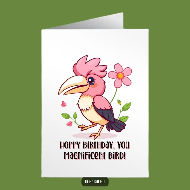 Free Printable Birthday Card: Hopping Kawaii Hornbill - Funny Downloadable Gift