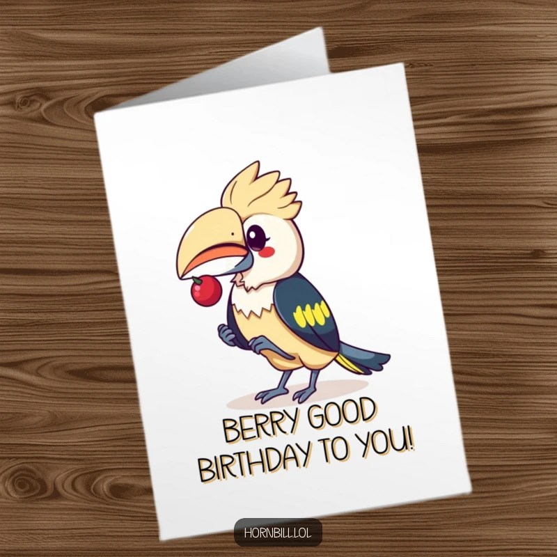 Funny Free Printable Birthday Card featuring a cute kawaii hornbill expertly balancing a tiny berry on its beak, showing focus.