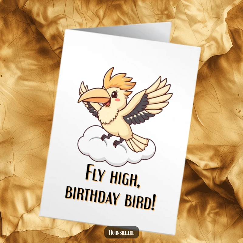 Funny Free Printable Birthday Card showing a cute kawaii hornbill flying happily through a fluffy cloud, embodying pure joy.