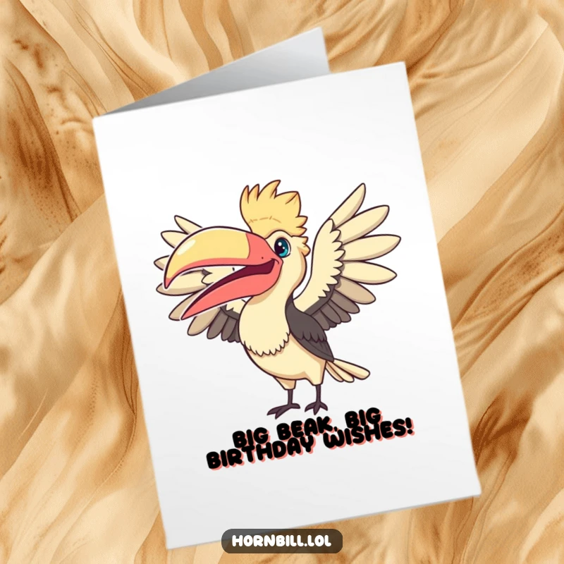 Funny Free Printable Birthday Card: Kawaii hornbill excitedly fanning its large beak, showing immense birthday cheer.