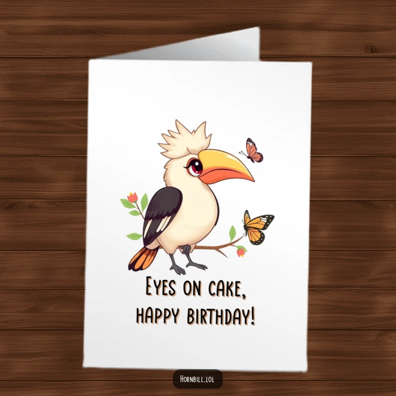 Funny Free Printable Hornbill Birthday Card: A cute hornbill with bright eyes watches a butterfly flutter by, celebrating softly.