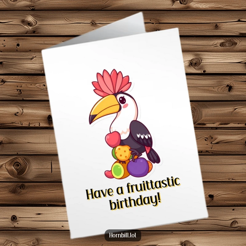 Funny free printable birthday card featuring a kawaii hornbill character playfully balancing a tall stack of colorful fruits, a vibrant delight.