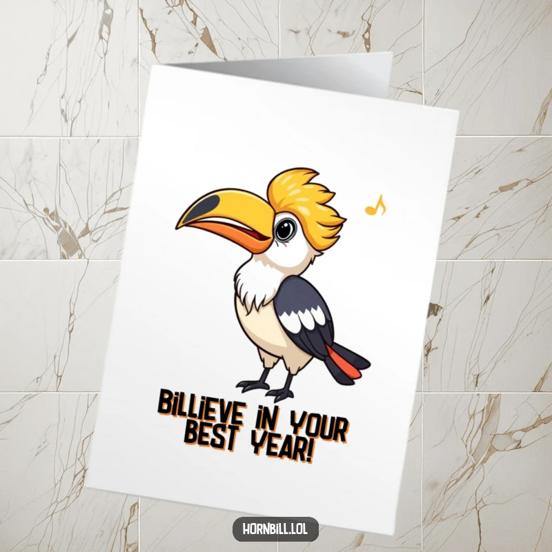 Funny Free Printable Hornbill Birthday Card: A cheerful hornbill whistles upwards, spreading joy with its beak and song.
