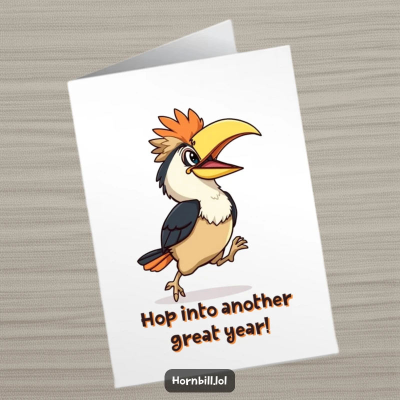 Funny Free Printable Hornbill Birthday Card: A hornbill character performs a clumsy, happy hop, spreading birthday cheer.