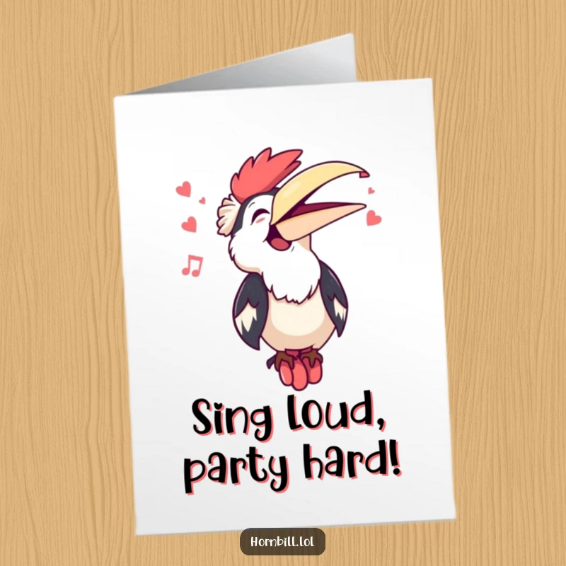 Free Printable Birthday Card: Kawaii hornbill with an open beak joyfully sings a happy birthday tune, full of melody.