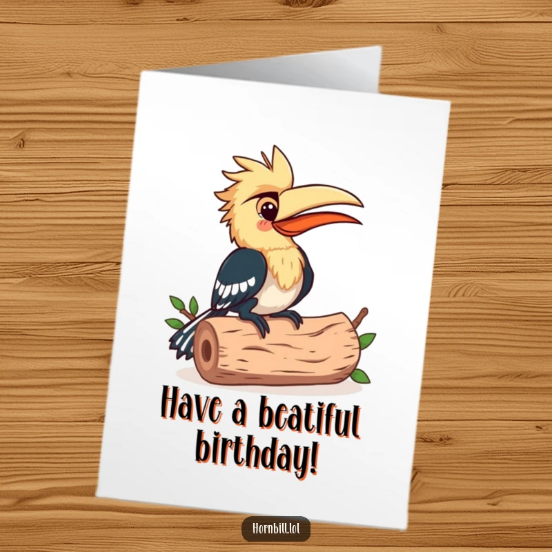 Funny Free Printable Birthday Card: A happy hornbill pecks rhythmically on a hollow log, making music.