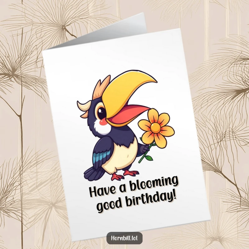 Funny Free Printable Birthday Card: A Kawaii hornbill with a huge smile offers a vibrant, colorful flower, wishing you a happy birthday.
