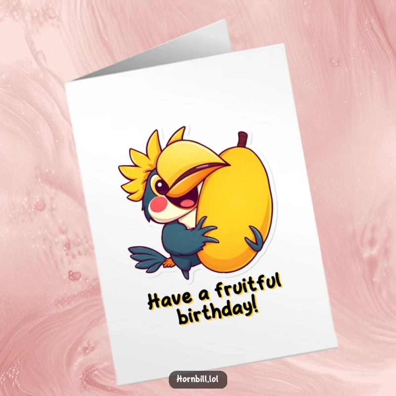 Funny free printable birthday card showing a kawaii hornbill joyfully holding a giant, colorful fruit, perfect for a fun celebration.