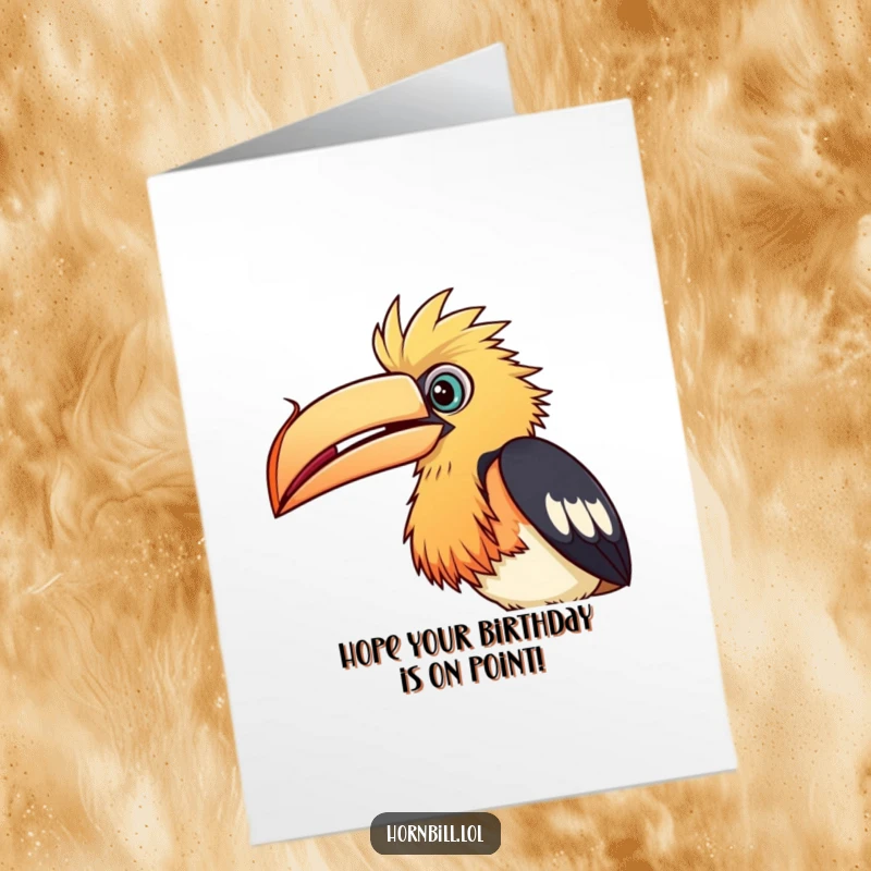 Funny Free Printable Birthday Card: A curious hornbill tilts its head, intently peering at a floating seed.