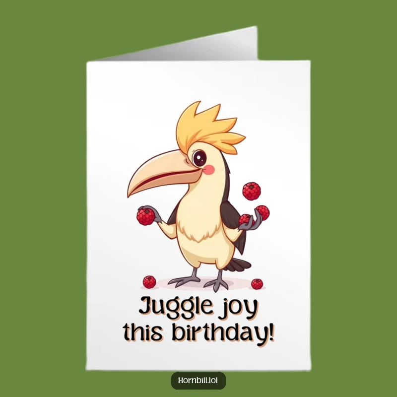 Free Printable Hornbill Juggling Birthday Card: Berry Funny Downloadable Gift
