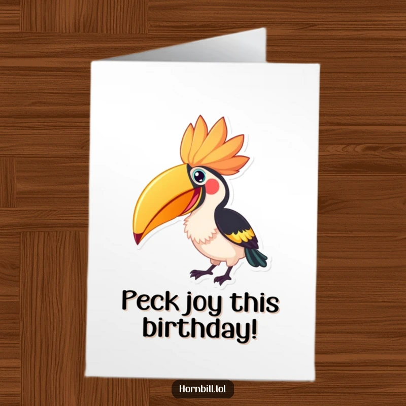 Funny Free Printable Hornbill Birthday Card, a hornbill excitedly pecking at a large, colorful flower with enthusiasm.