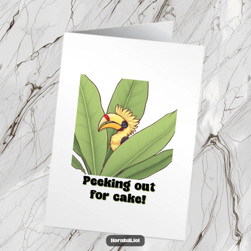 Funny Free Printable Birthday Card: Hornbill peeking its head out from behind a large leafy bush, with curious eyes.