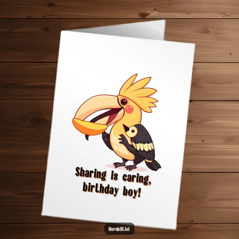 Funny Free Printable Birthday Card: A hornbill happily shares a piece of fruit with a smaller, grateful bird.