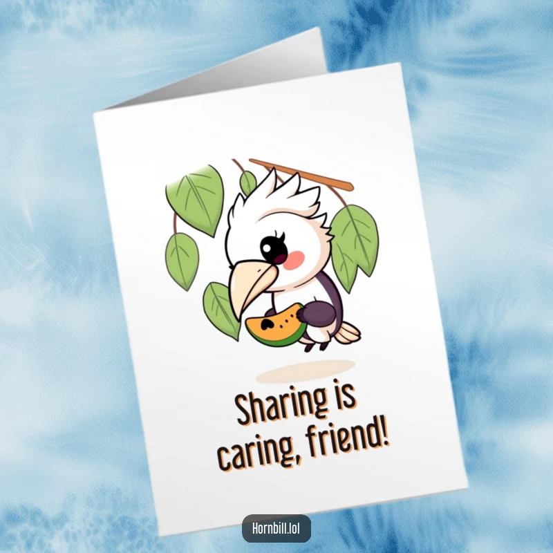 Funny Free Printable birthday card featuring a kawaii hornbill generously sharing fruit with a tiny, delighted friend.