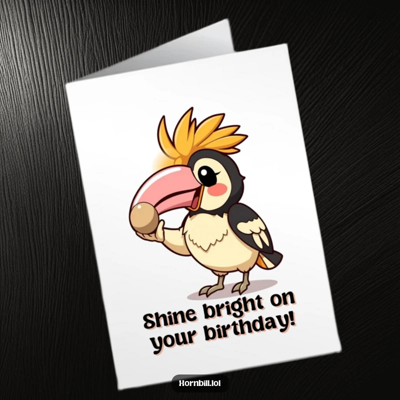 Funny Free Printable Birthday Card: Kawaii hornbill excitedly displays a treasured shiny pebble, beaming with pride for their birthday.