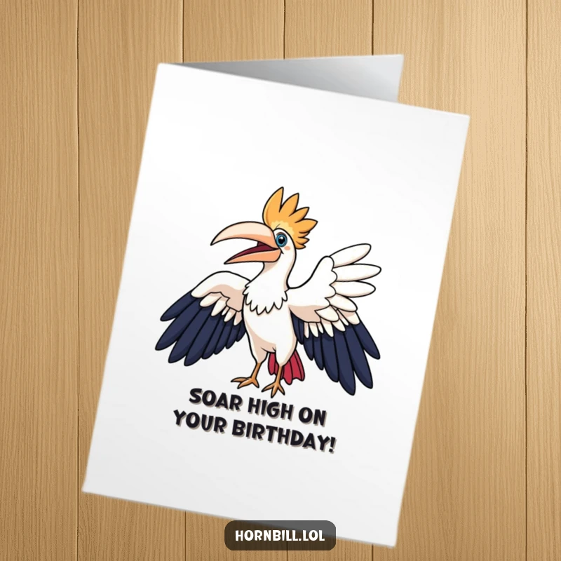 Funny free printable birthday card featuring a hornbill character happily flapping large wings in a wide arc, full of energetic celebration.