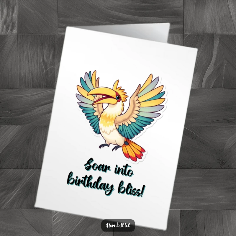 Funny Free Printable Birthday Card: A hornbill spreads colorful wings wide, captured mid-flight with pure elation.