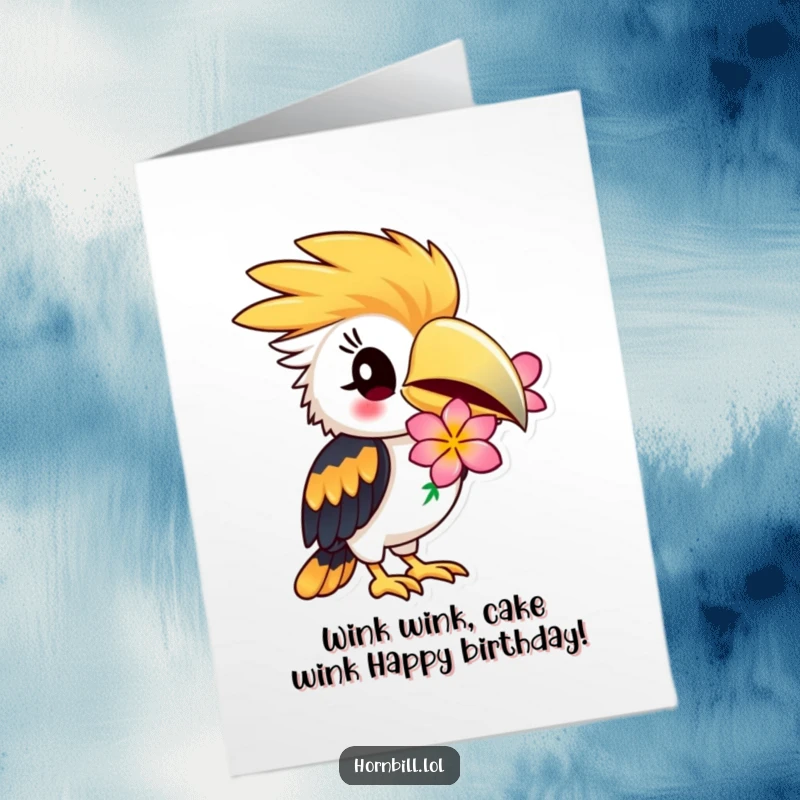 Funny Free Printable Hornbill Birthday Card: A hornbill winks playfully, holding a bright flower, sending birthday cheer.