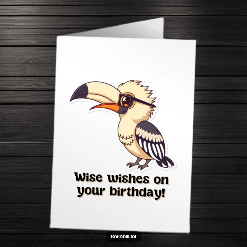Funny Free Printable Birthday Card: A hornbill wearing tiny spectacles, intently studying a large feather, looking very scholarly.