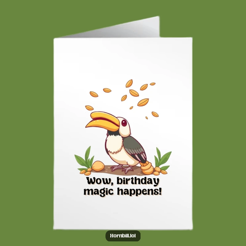 Free Printable Birthday Card: Wondering Hornbill & Seeds, Funny Downloadable for a Magical Celebration