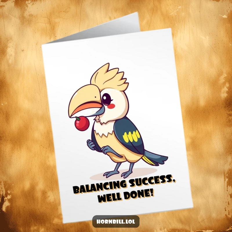 Funny Free Printable Congratulations Card showing a kawaii hornbill balancing a small berry on its beak, symbolizing perfect execution.