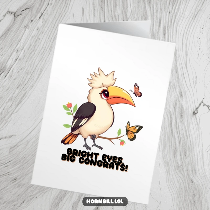 Funny Free Printable Hornbill Congratulations Card: A cute hornbill watches a butterfly, celebrating success with gentle wonder.