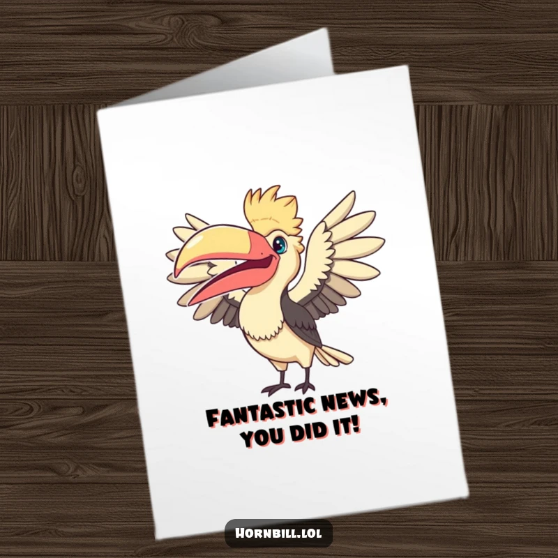 Funny Free Printable Congratulations Card: Kawaii hornbill excitedly fanning its large beak in celebration.