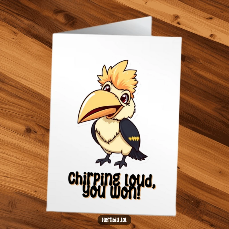 Funny Free Printable Congrats Card: A smiling hornbill with its beak wide open, eagerly preparing to chirp.
