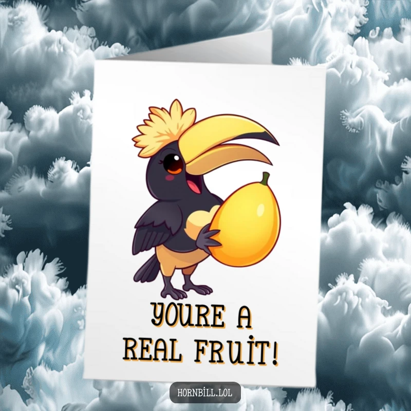 Funny Free Printable Congratulations Card: A happy hornbill in a tiny cap clutches a large, delicious fruit.
