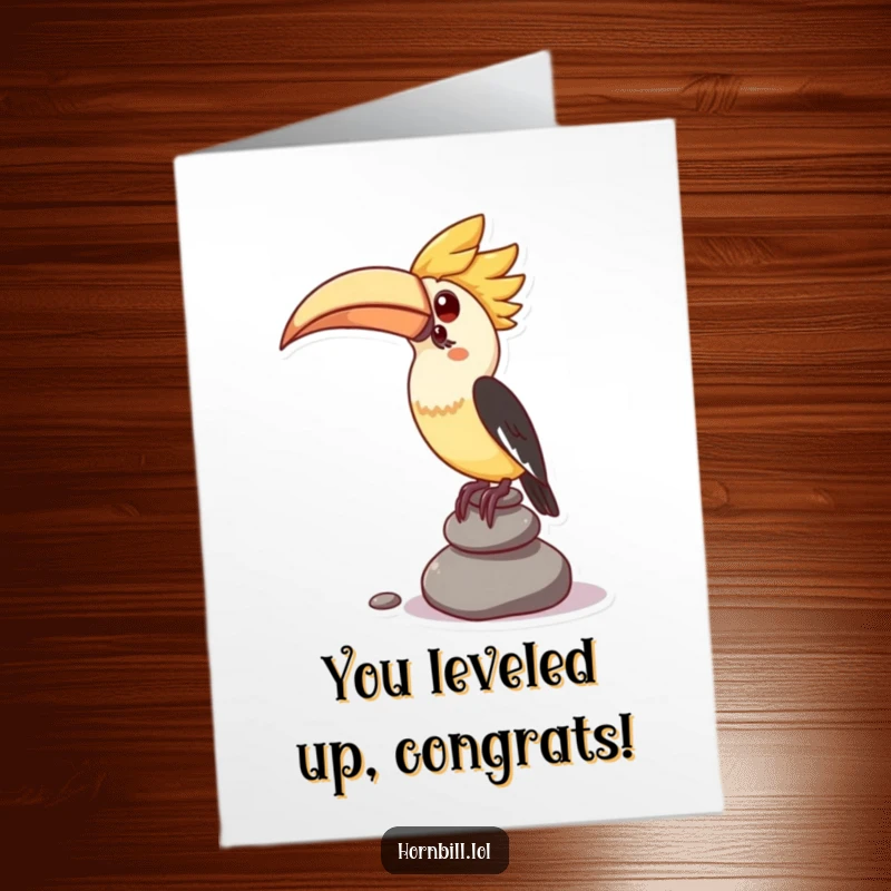 Funny free printable congratulations card with a kawaii hornbill attempting to balance a stack of small pebbles, celebrating success.