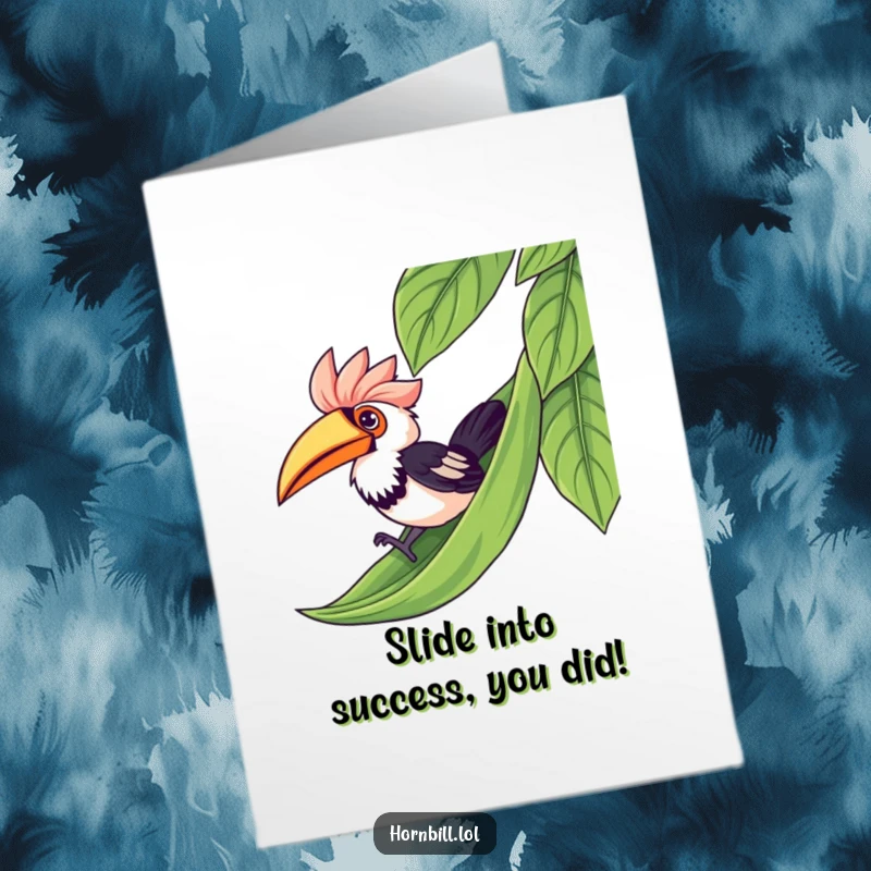 Funny Free Printable Congratulations Card: Adorable hornbill sliding down a leaf, celebrating a big achievement with pure joy.
