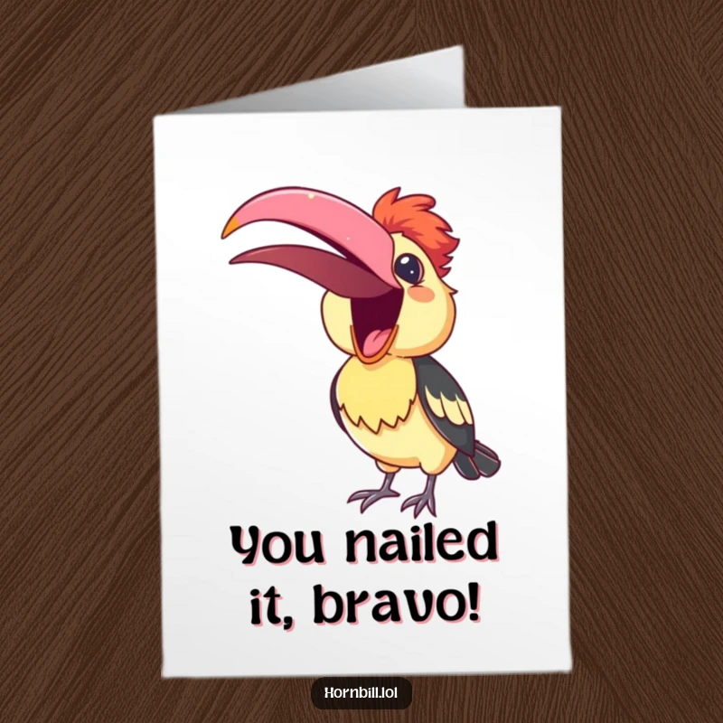 Funny Free Printable Congratulations Card: A cute hornbill with beak open, singing a cheerful song to celebrate a grand success.