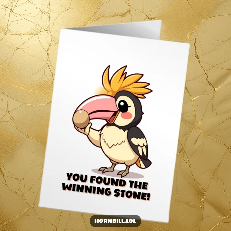 Funny Free Printable Congrats Card: Kawaii hornbill enthusiastically presents a shiny pebble, celebrating your brilliant success with glee.