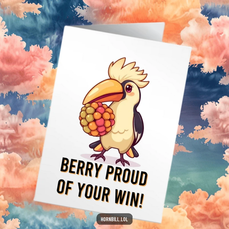 Funny Free Printable Congrats Card: A kawaii hornbill beaming with pride, holding a large, colorful berry.