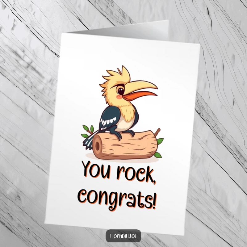 Funny Free Printable Congrats Card: A happy hornbill plays a rhythmic beat on a hollow log.