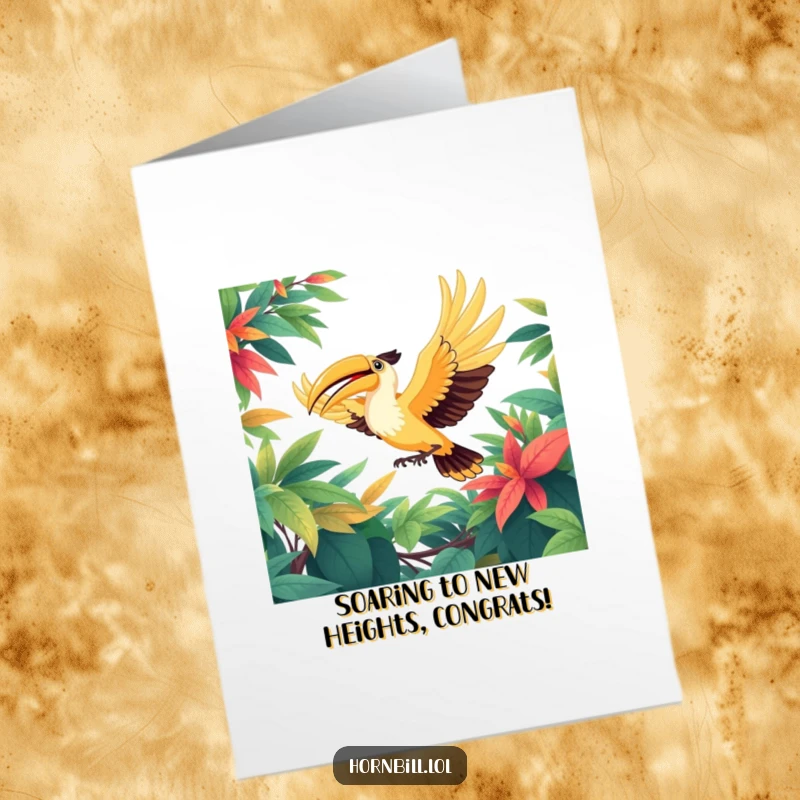 Funny Free Printable Congratulations Card: A happy hornbill in full flight, wings outstretched amidst vibrant foliage, symbolizing triumphant achievement and freedom.