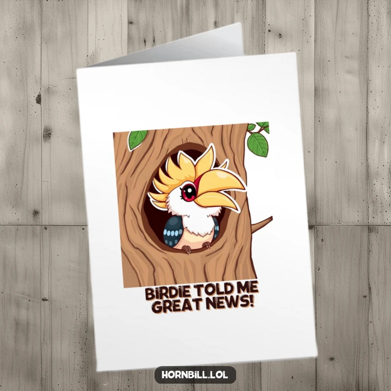 Funny Free Printable Congratulations Card with a kawaii hornbill peeking from a tree, its bright eyes conveying excitement and warmth.
