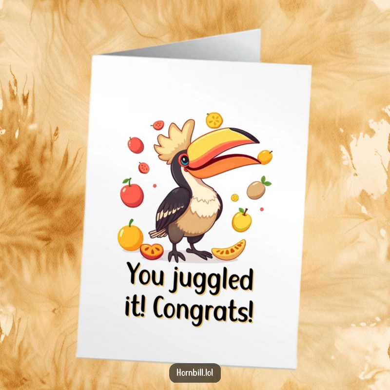Funny Free Printable Congratulations Card: A silly hornbill comically juggling colorful fruits, celebrating your amazing success.