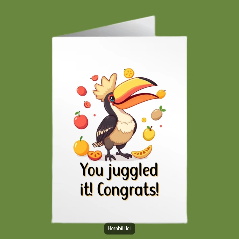 Free Printable Hornbill Card: Congratulations with Comical Fruit Juggling Fun