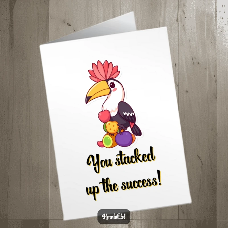 Funny free printable congratulations card with a kawaii hornbill character balancing a stack of colorful fruits, celebrating success humorously.