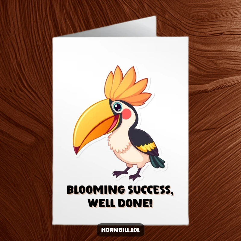 Funny Free Printable Hornbill Congratulations Card, a hornbill enthusiastically pecking a huge flower, celebrating a great achievement.