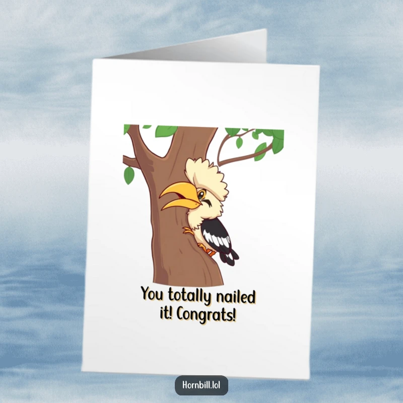 Funny Free Printable Hornbill Hide-and-Seek Congratulations Card: A playful bird peeks out, conveying cheerful congratulations.