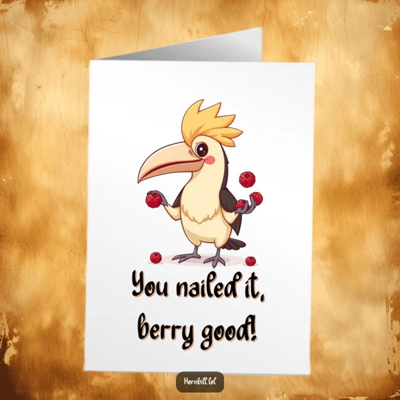 Funny Free Printable Hornbill Congratulations Card, a hornbill comically juggling berries, celebrating a success.