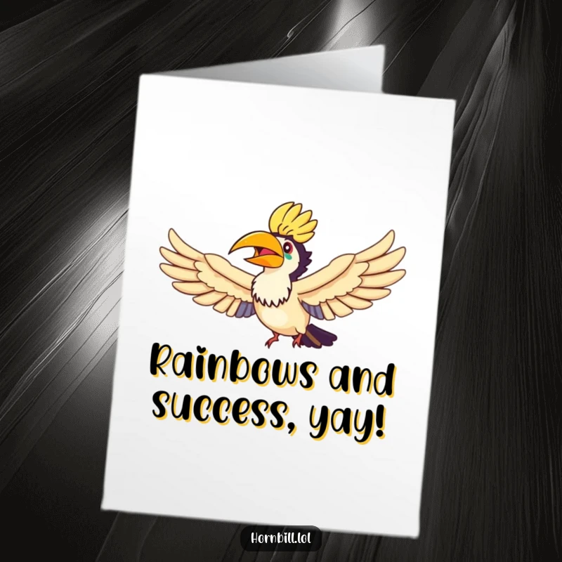 Funny Free Printable Hornbill Congratulations Card, a hornbill soaring happily through a rainbow, celebrating a big win.