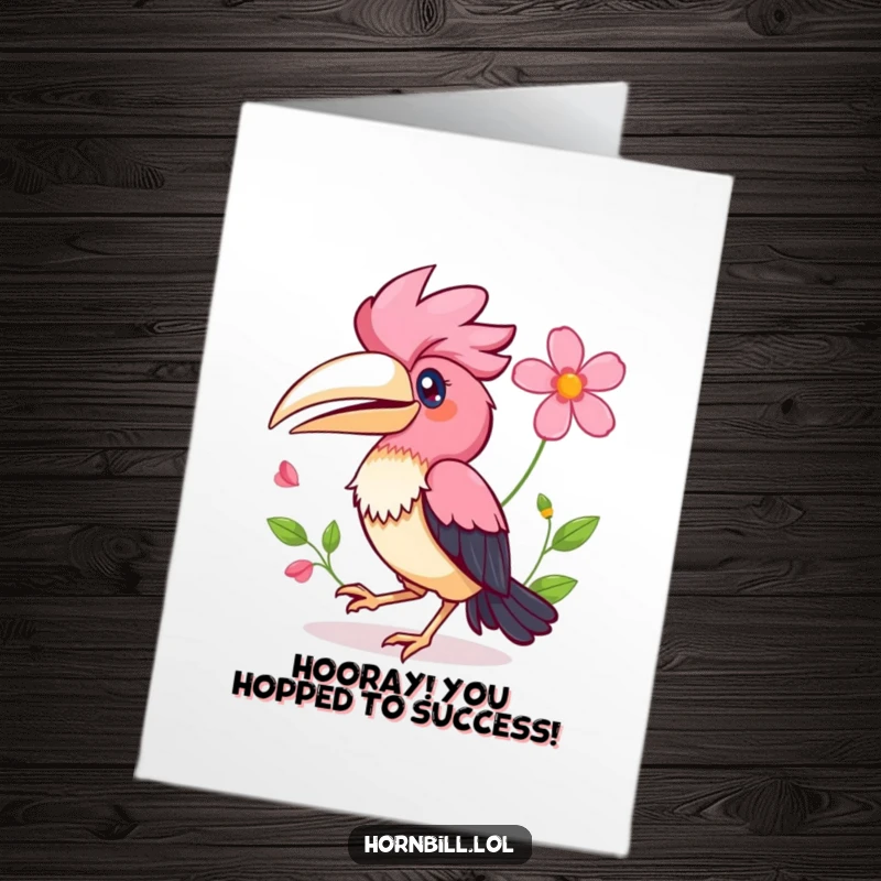 Funny Free Printable Congrats Card: A happy Kawaii hornbill does a celebratory hop, flower in wing, cheering for your big news.